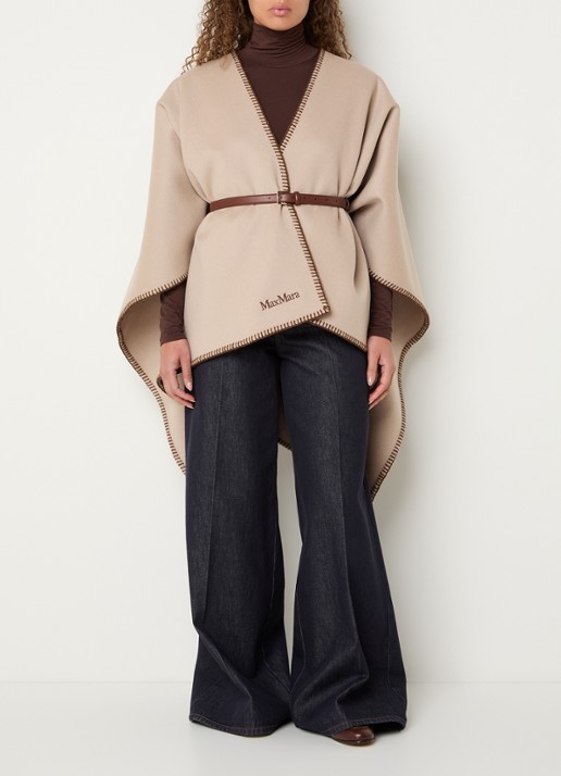 Max Mara Colomba cape van wol met ceintuur - voorkant 4 zand