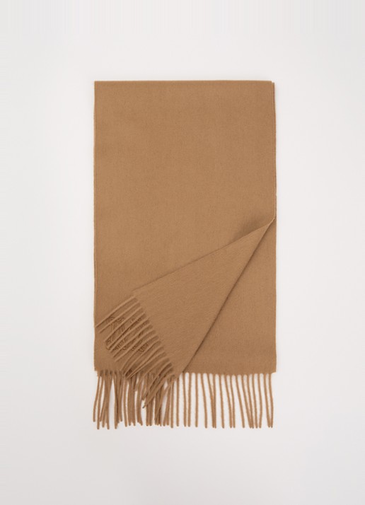 Max Mara Dalia sjaal van kasjmier met franjes 190 x 30 cm  - voorkant camel