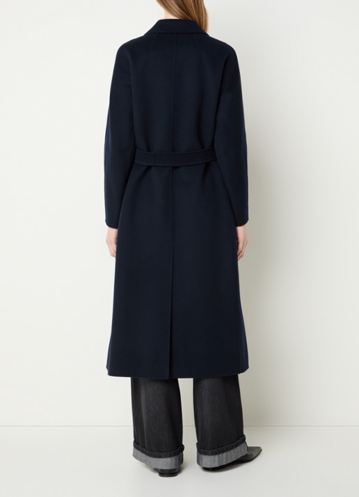 Max Mara Dama mantel van scheerwol met steekzakken en strikceintuur - achterkant donkerblauw