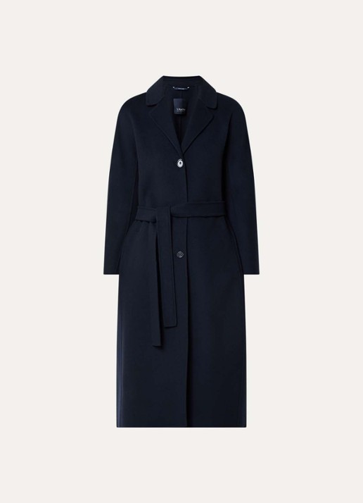 Max Mara Dama mantel van scheerwol met steekzakken en strikceintuur - voorkant 3 donkerblauw