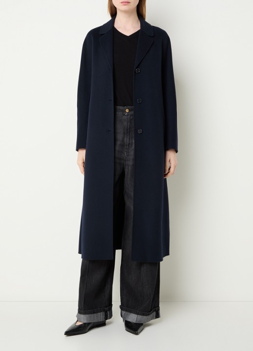 Max Mara Dama mantel van scheerwol met steekzakken en strikceintuur - voorkant 4 donkerblauw