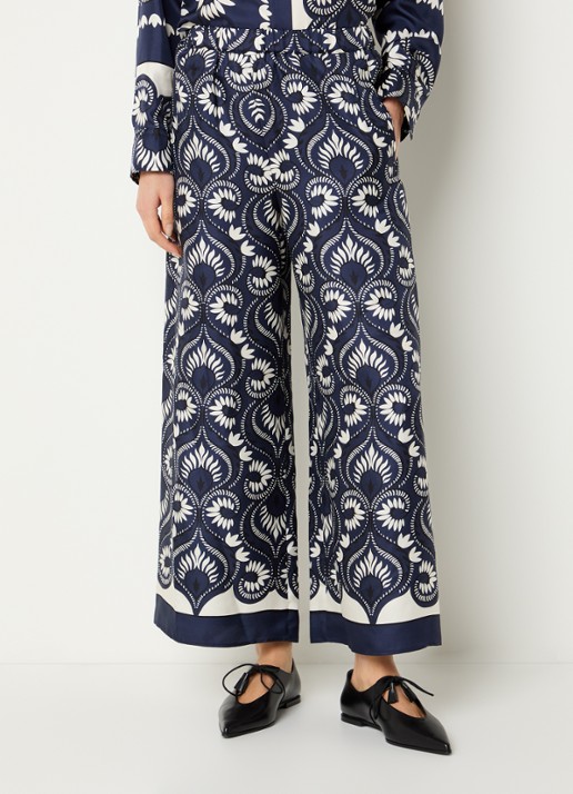 Max Mara Dottica high waist straight fit pantalon van zijde met print - detail 4 donkerblauw