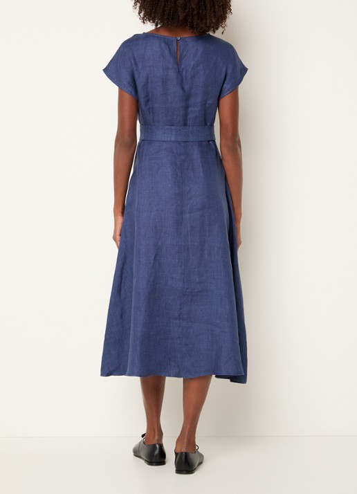 Max Mara Esordio midi jurk van linnen met strikceintuur - achterkant donkerblauw