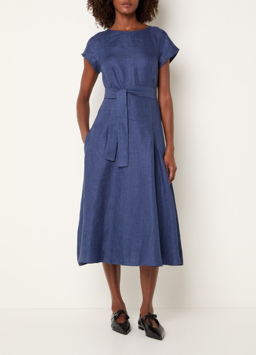 Max Mara Esordio midi jurk van linnen met strikceintuur - detail 2 donkerblauw