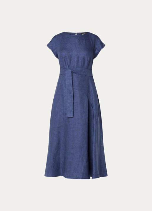 Max Mara Esordio midi jurk van linnen met strikceintuur - voorkant 3 donkerblauw