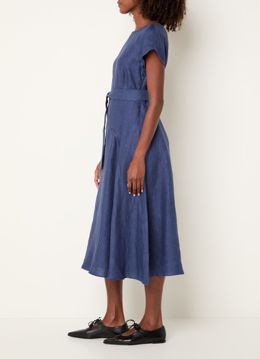 Max Mara Esordio midi jurk van linnen met strikceintuur - voorkant 4 donkerblauw