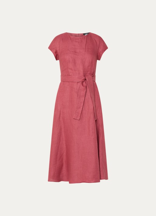 Max Mara Esordio midi jurk van linnen met strikceintuur - voorkant 3 donkerroze