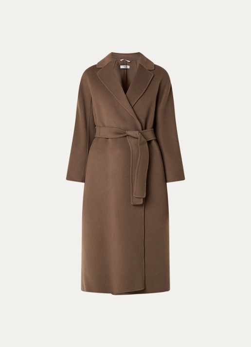 Max Mara Esturia mantel van scheerwol met steekzakken en strikceintuur - voorkant lichtbruin