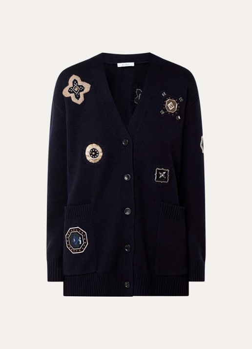 Max Mara Fijngebreid vest in kasjmierblend met strass - voorkant 2 donkerblauw