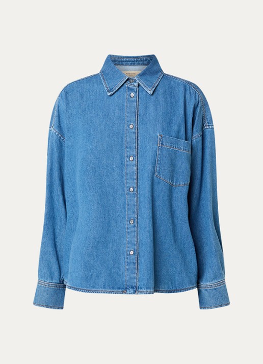 Max Mara Foggia blouse van denim met borstzak - voorkant 2 lichtblauw