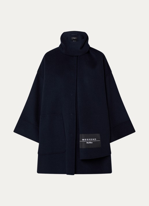 Max Mara Fulcro mantel in scheerwolblend met afneembare sjaalkraag - voorkant 3 donkerblauw