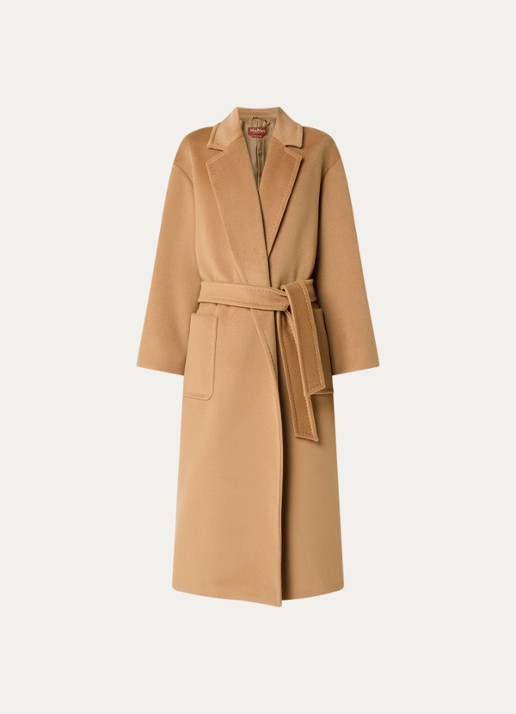Max Mara Giambo mantel van scheerwol met strikceintuur - voorkant camel