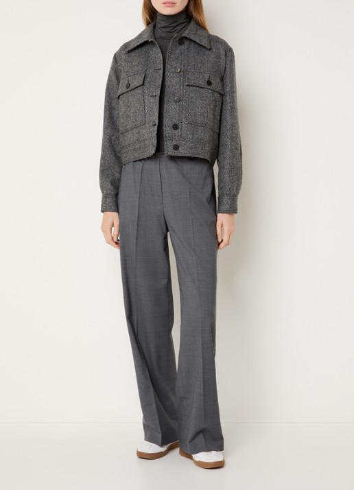 Max Mara Ginnasta cropped mantel van scheerwol met visgraat dessin - voorkant 2 donkergrijs