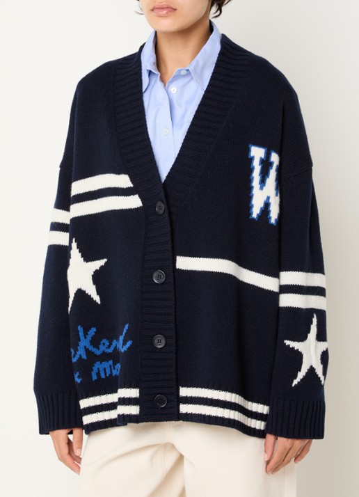 Max Mara Grofgebreid vest van wol met print - detail 4 donkerblauw
