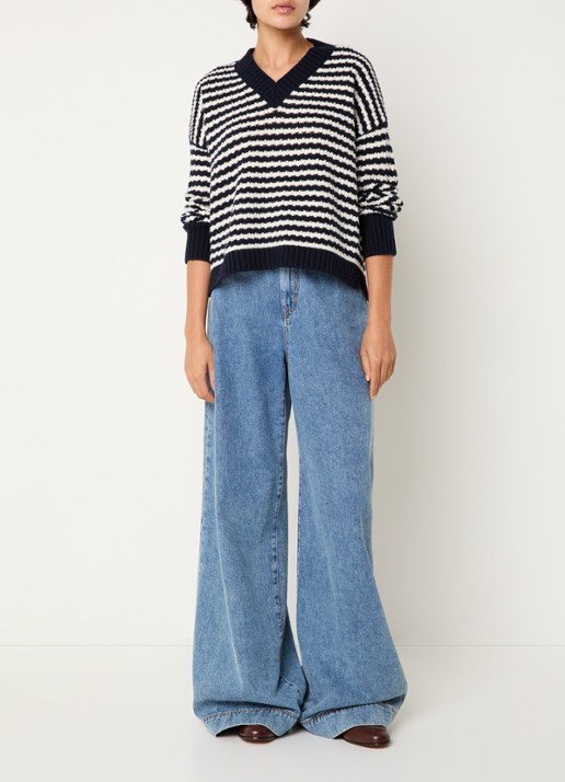 Max Mara Grofgebreide trui van wol met streepprint - voorkant 4 donkerblauw