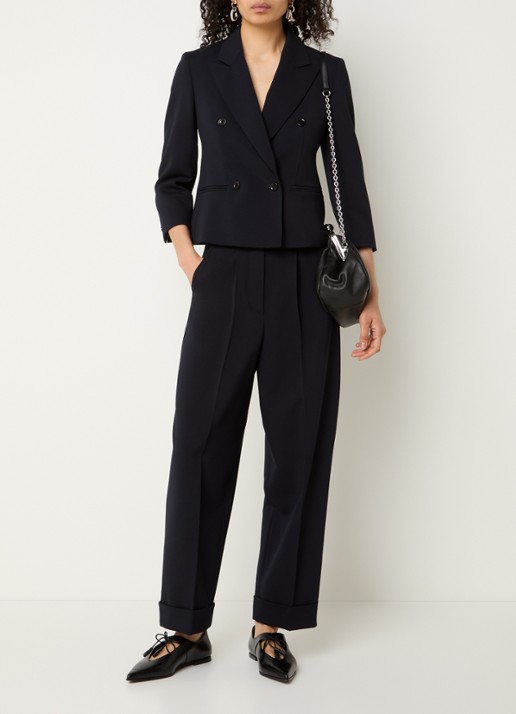 Max Mara High waist loose fit pantalon van scheerwol met steekzakken - voorkant 2 donkerblauw