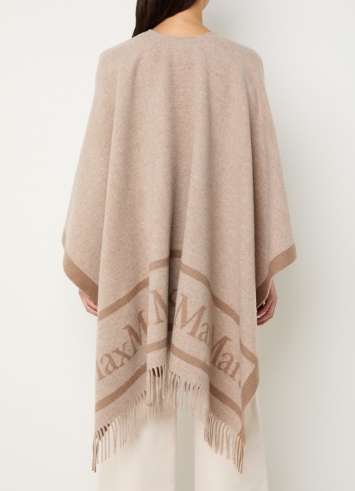 Max Mara Hilde poncho van wol met logoprint en franjes - achterkant beige