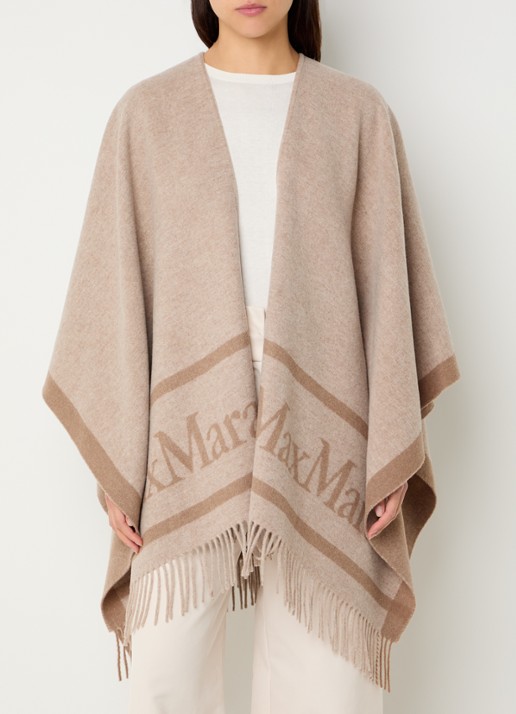 Max Mara Hilde poncho van wol met logoprint en franjes - detail 2 beige