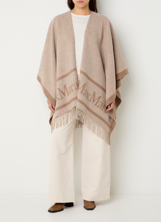 Max Mara Hilde poncho van wol met logoprint en franjes - voorkant 4 beige