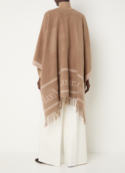 Max Mara Hilde poncho van wol met logoprint en franjes - achterkant camel