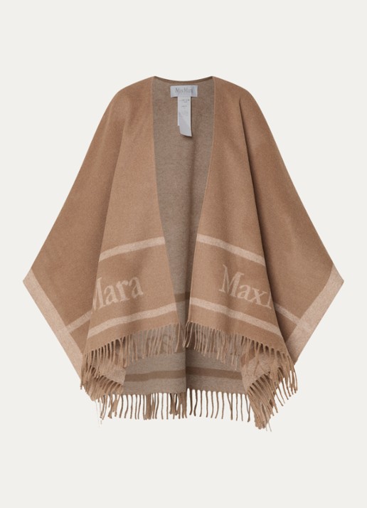 Max Mara Hilde poncho van wol met logoprint en franjes - voorkant 2 camel