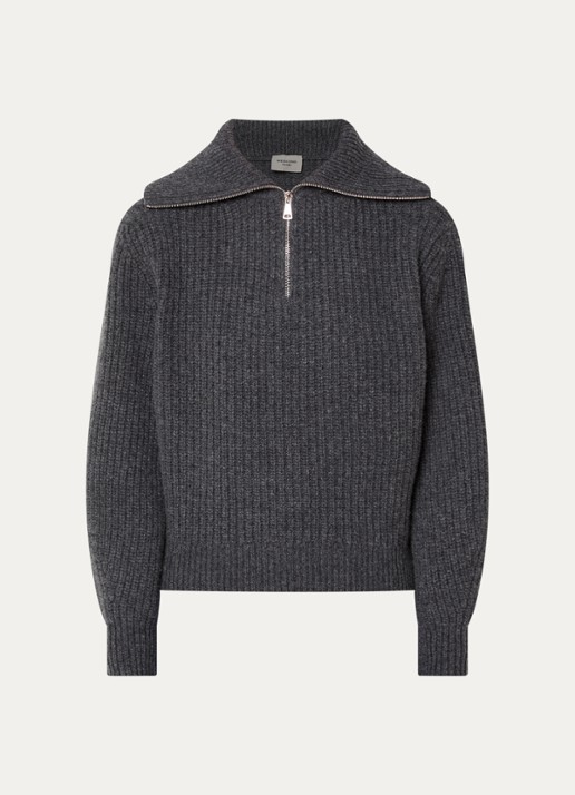 Max Mara Laser ribgebreide trui van scheerwol met halve rits - voorkant 3 donkergrijs