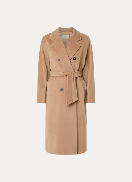 Max Mara Madame mantel in kasjmierblend met strikceintuur - voorkant 2 camel