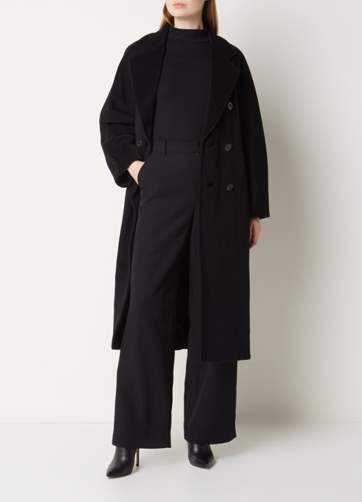 Max Mara Madame mantel in kasjmierblend met strikceintuur - voorkant 4 zwart