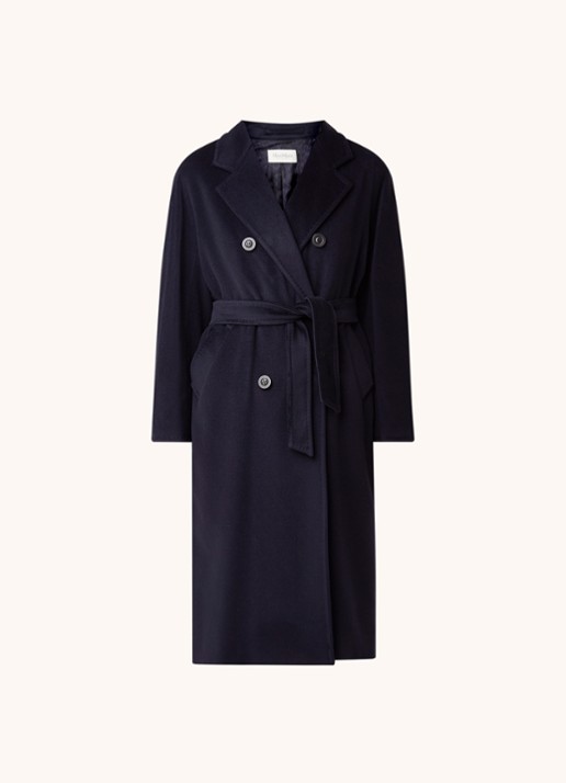 Max Mara Madame mantel in wolblend met strikceintuur - voorkant 4 donkerblauw