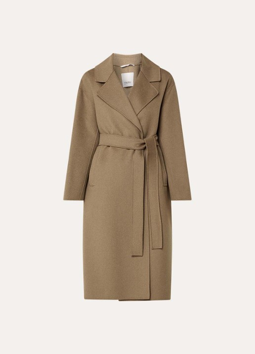 Max Mara Mantel van wol met ceintuur - voorkant bruin
