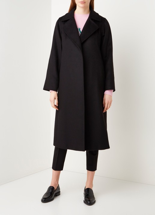 Max Mara Manuela mantel met strikceintuur en steekzakken - voorkant 4 zwart