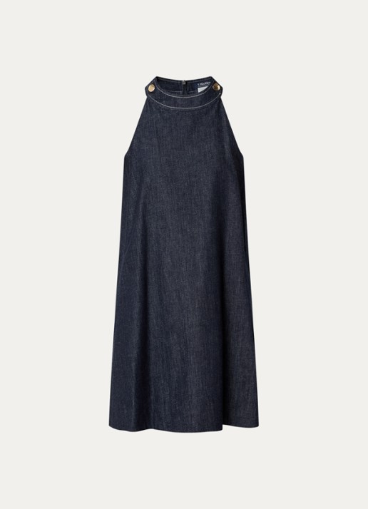 Max Mara Midi jurk van denim met ronde hals - voorkant indigo