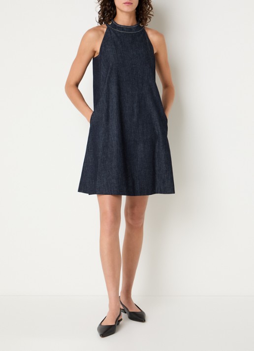 Max Mara Midi jurk van denim met ronde hals - voorkant 2 indigo