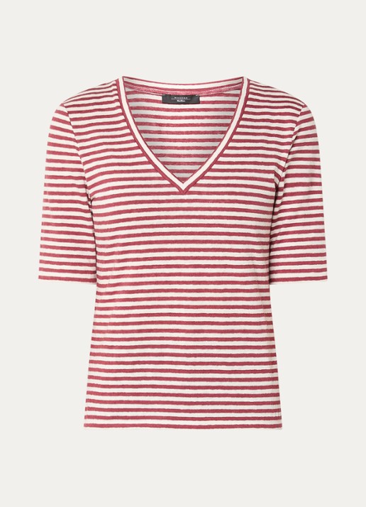 Max Mara Opzione T-shirt van linnen met V-hals - voorkant 2 kersenrood