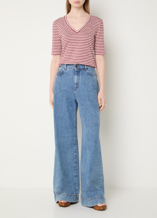Max Mara Opzione T-shirt van linnen met V-hals - voorkant 3 kersenrood