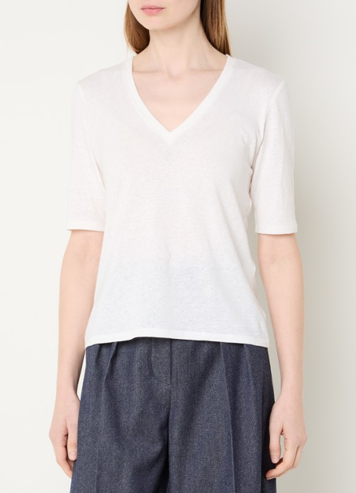 Max Mara Opzione T-shirt van linnen met V-hals - detail 2 wit