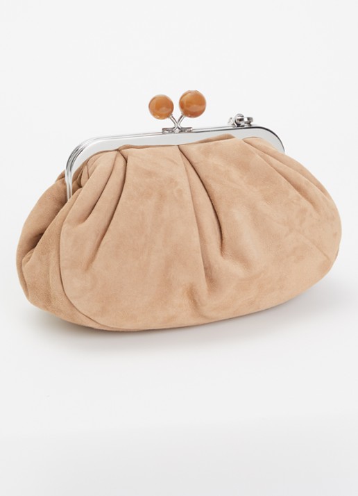 Max Mara Pasticcino Small clutch van lamssuède met afneembare schouderriem - achterkant 2 zand