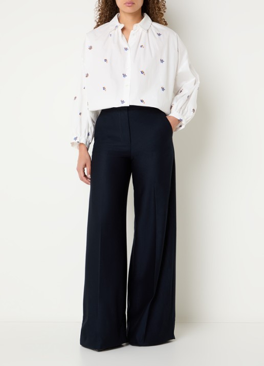 Max Mara Pinza high waist wide fit pantalon van piqué katoen - voorkant 4 donkerblauw