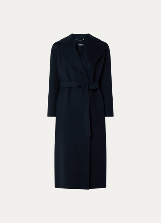 Max Mara Poldo mantel van scheerwol met steekzakken en strikceintuur - voorkant donkerblauw