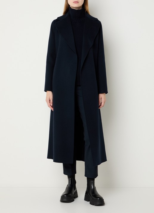 Max Mara Poldo mantel van scheerwol met steekzakken en strikceintuur - voorkant 2 donkerblauw