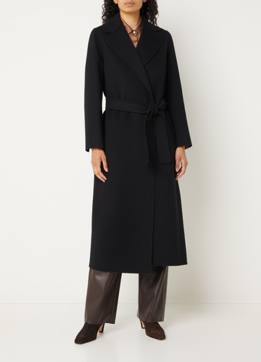 Max Mara Poldo mantel van scheerwol met steekzakken en strikceintuur - detail 4 zwart