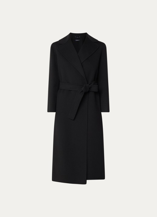 Max Mara Poldo mantel van scheerwol met steekzakken en strikceintuur - voorkant zwart