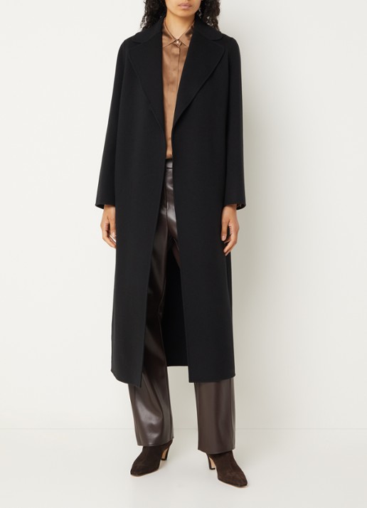 Max Mara Poldo mantel van scheerwol met steekzakken en strikceintuur - voorkant 2 zwart