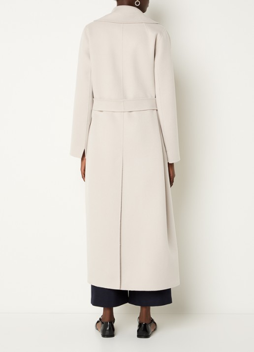 Max Mara Poldo mantel van scheerwol met steekzakken en strikceintuur - achterkant creme