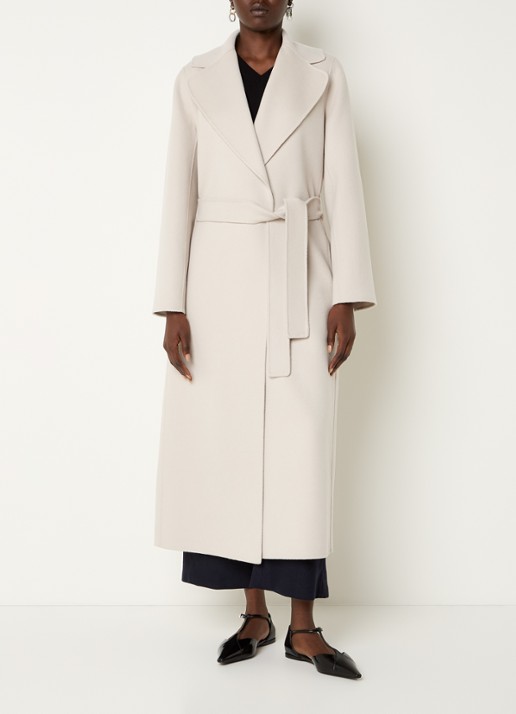 Max Mara Poldo mantel van scheerwol met steekzakken en strikceintuur - detail 2 creme