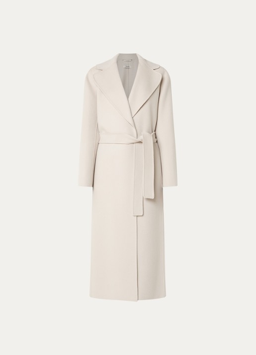 Max Mara Poldo mantel van scheerwol met steekzakken en strikceintuur - voorkant 3 creme