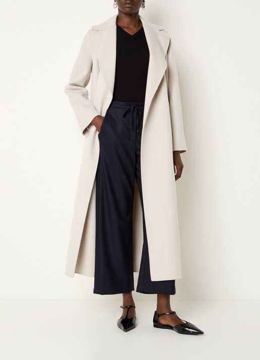 Max Mara Poldo mantel van scheerwol met steekzakken en strikceintuur - voorkant 4 creme