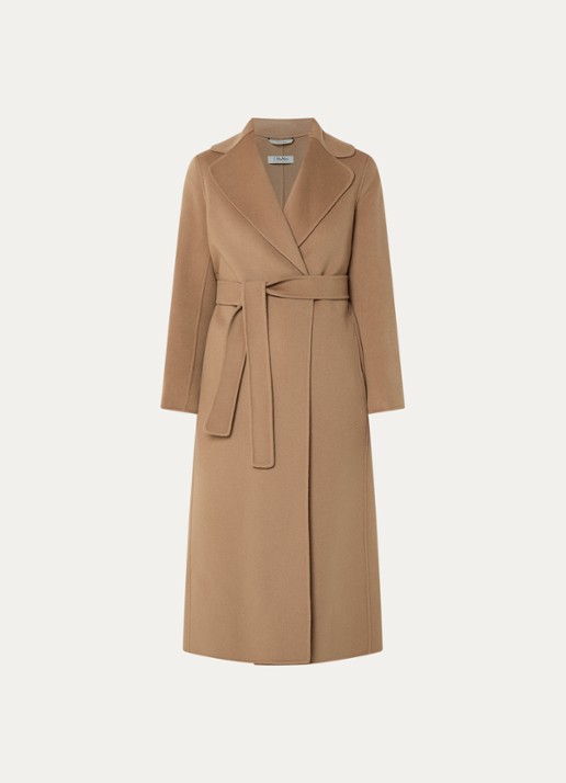 Max Mara Poldo mantel van scheerwol met steekzakken en strikceintuur - voorkant 3 camel
