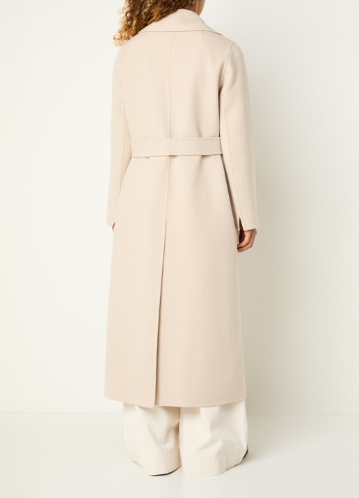Max Mara Poldo mantel van scheerwol met steekzakken en strikceintuur - achterkant creme