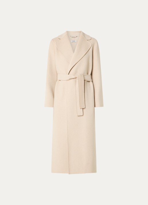 Max Mara Poldo mantel van scheerwol met steekzakken en strikceintuur - voorkant 3 creme